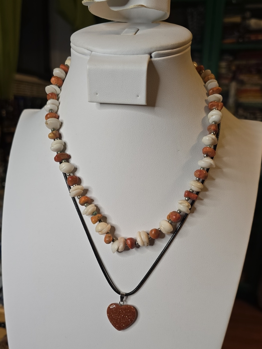 Beachstone Two-Strand Necklace with Cream and Tan Beads and Heart Pendant